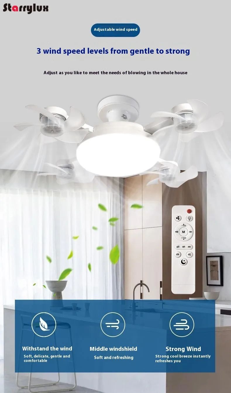 LED Smart Silent Fan Light with E27 Screw Creative 3/4/5 Head Remote-Controlled 3-Speed Adjustable for Home Living Room Bedroom
