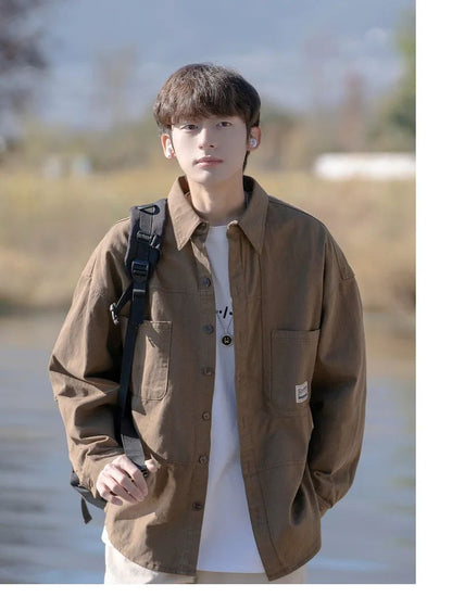 Japanese Series Men's Shirts Casual Vintage Cargo Jacket Top Spring Autumn Solid Blouses Single Breasted Male Clothes Streetwear