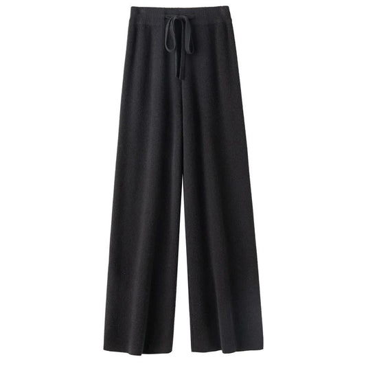 Spring Autumn Women High Waist Wool Wide Leg Pants Solid Soft Warm 100% Merino Wool Knitted Trousers Belt Casual Korean Fashion