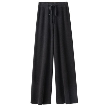 Spring Autumn Women High Waist Wool Wide Leg Pants Solid Soft Warm 100% Merino Wool Knitted Trousers Belt Casual Korean Fashion