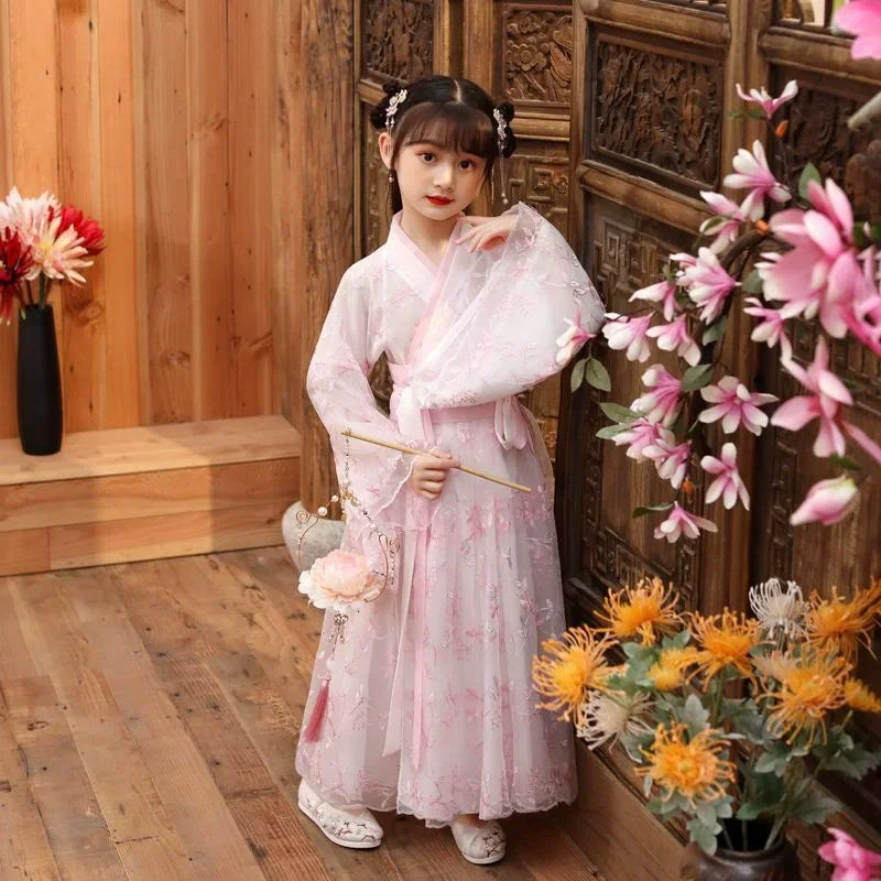 Fashion Girls Dresses Casual Outfit Long Sleeve Hanfu Girl Summer Children Clothes Princess Dress Baby Vestido Kids Tang Costume