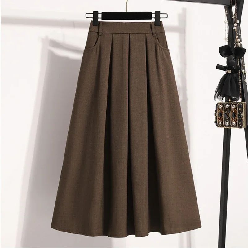 Solid Color Versatile Medium Length Skirt Pleated Plus Size A-Line Maxi Gown Cover Hip Spring Summer 2025 New Half-length Skirt