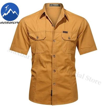 New Mens Work Shirt Casual Retro 100% Cotton Short Sleeve Flying Cargo Shirt Man Summer Fishing Hunting Multi Pocket Shirt 2025