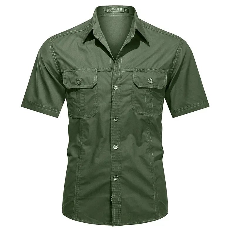 Men's Streetwear Casual Button Down Military Cargo Shirt Short Sleeve Cotton Dress Shirts For Hiking Fishing Golf Polos Shirts