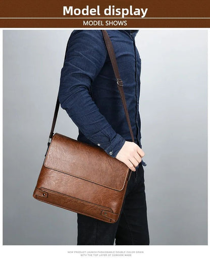 Men's Solid Color Retro Leather Shoulder Bag, Casual Business Messenger Bag Horizontal A4 Paper Travel Bag Briefcase Laptop Bag