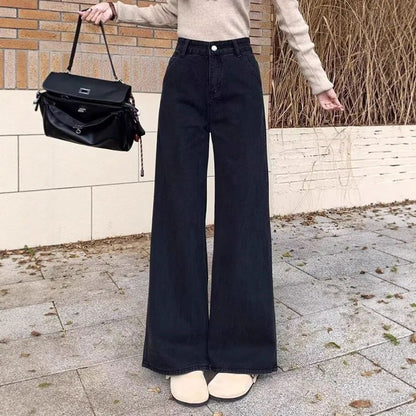 High Waist Wide Leg Black Denim Jeans Women's Autumn Winter New Style Loose Fit Floor Length Bell Bottoms Trendy