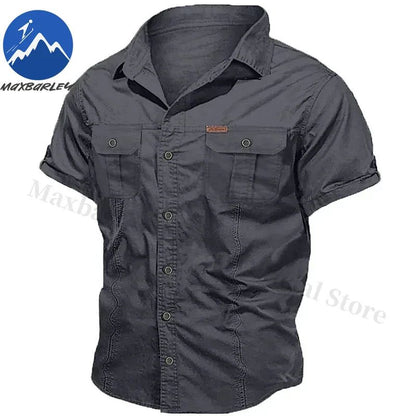 New Mens Work Shirt Casual Retro 100% Cotton Short Sleeve Flying Cargo Shirt Man Summer Fishing Hunting Multi Pocket Shirt 2025