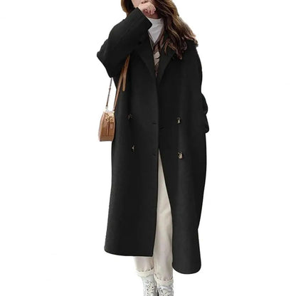 Women Coat Double-Breasted Mid-length Outerwear Lapel Stylish Warm Mid-Length Double Pockets Winter Coat Lady Accessories