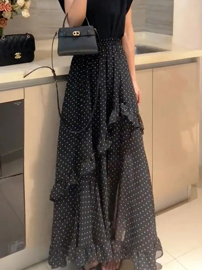 Plus Size Black Polka Dot Print Asymmetrical Hem Loose Women's Skirt Summer New Fashion Design Sense Midi Skirt Large Size Ha...