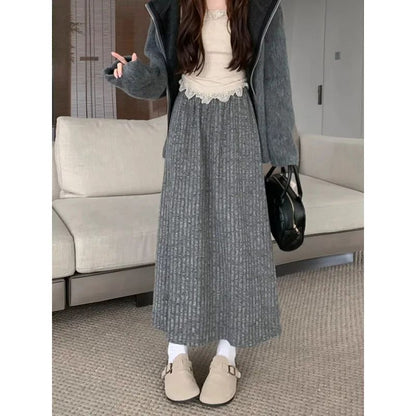 Plus Size Women's Fleece-Lined Thickened Skirt High-Waisted Slimming Medium-Length A- Line Korean Style New Arrival For Autumn/W
