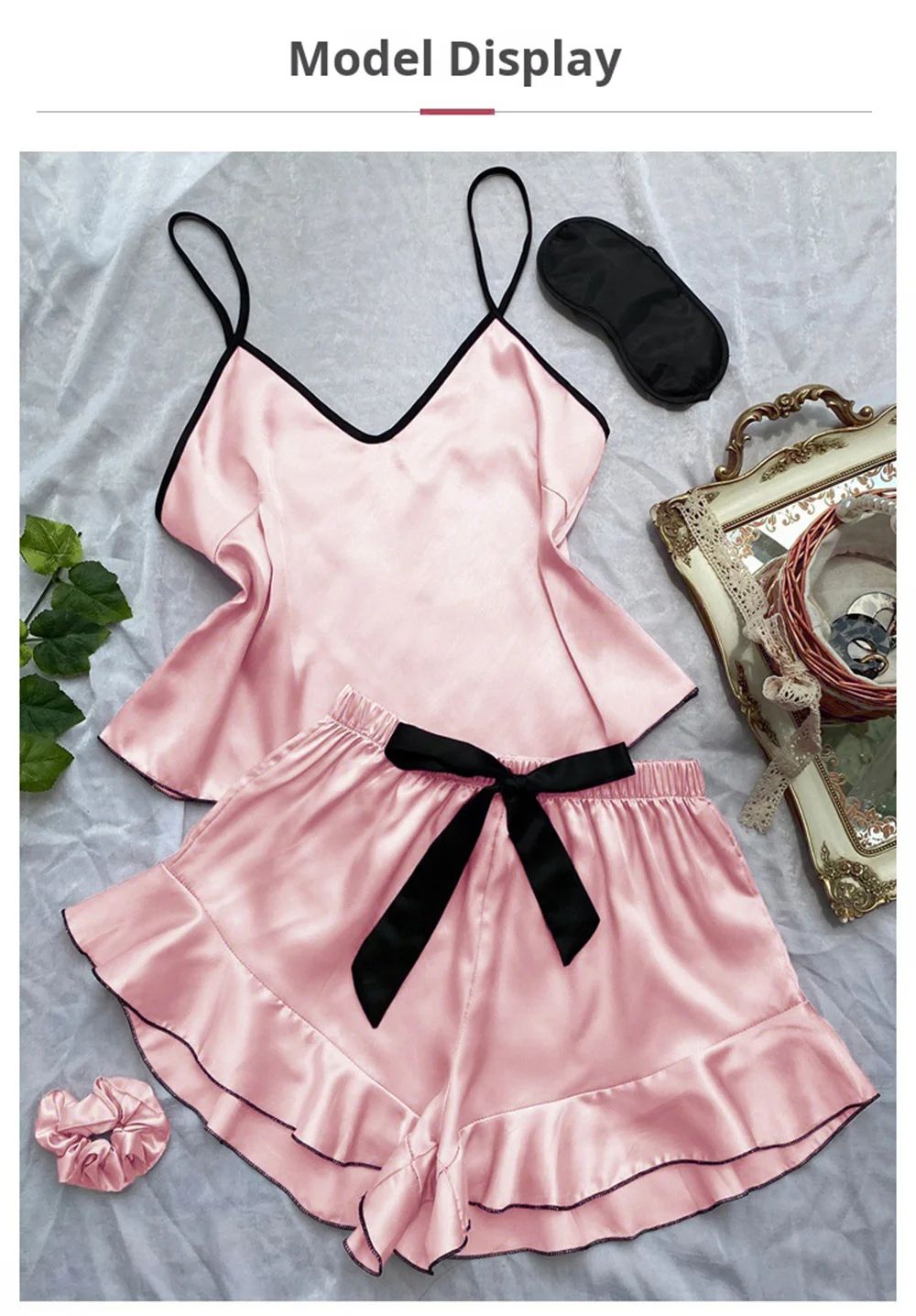 Women's Smooth Satin Pajamas V-Neck Top Ruffled Edges and Bow Shorts Simple and Breathable Pajama Set Sling Home Clothing