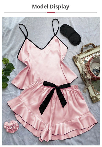 Women's Smooth Satin Pajamas V-Neck Top Ruffled Edges and Bow Shorts Simple and Breathable Pajama Set Sling Home Clothing