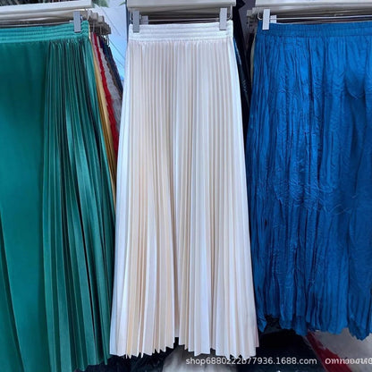 High Waist Satin Pleated Skirt 1 Meter Long Floor Length Pearl Glitter A- Line Umbrella Half Body Skirts Polyester Fiber