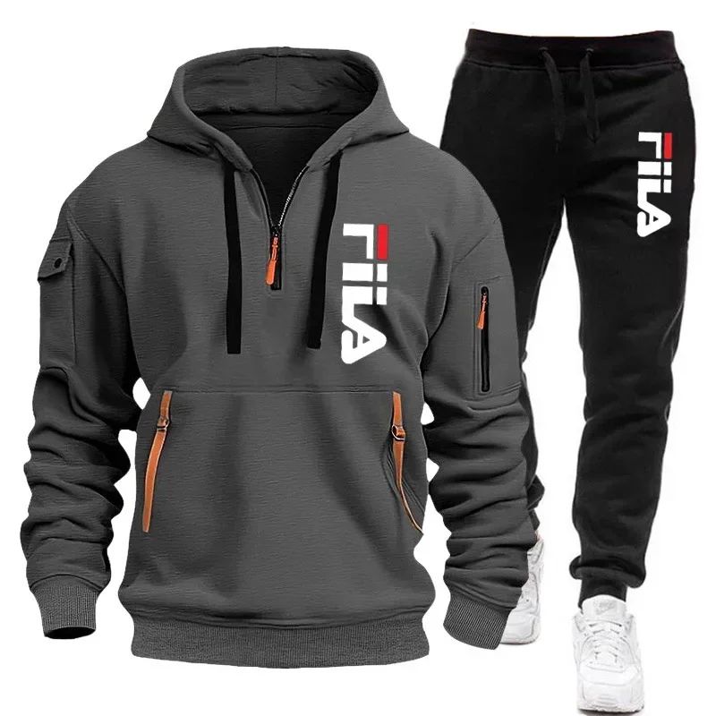 Men's set 2025 Autumn/Winter new Men's hooded sweatshirt + long pants two-piece set, outdoor multi-pocket men's pullover sportsw