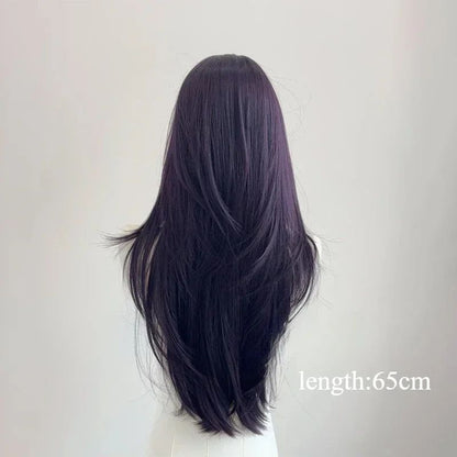 Peruca Ashely Roxo Escuro Feminina 55 cm Cabelo Longo Franja Cortina Camadas Liso Natural Cabelo Sintético Cosplay Perucas Lolita