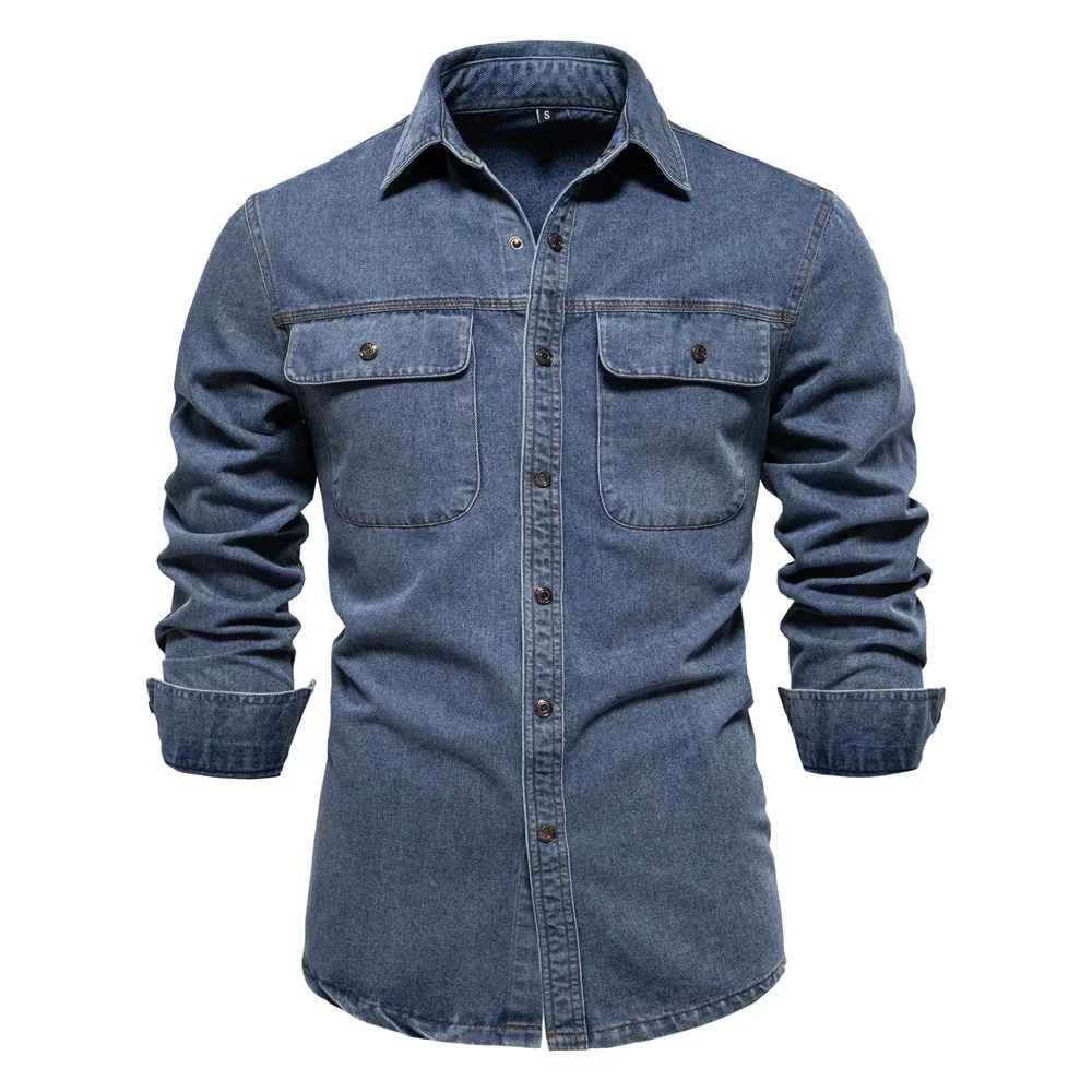 New Autumn 100% Cotton Men's Denim Shirts Solid Color Long Sleeve Cowboy Jean T-Shirt Coat Fashion Casual Fit Shirts for Men