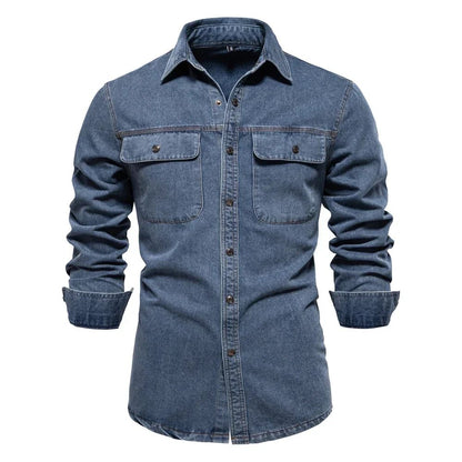 New Autumn 100% Cotton Men's Denim Shirts Solid Color Long Sleeve Cowboy Jean T-Shirt Coat Fashion Casual Fit Shirts for Men
