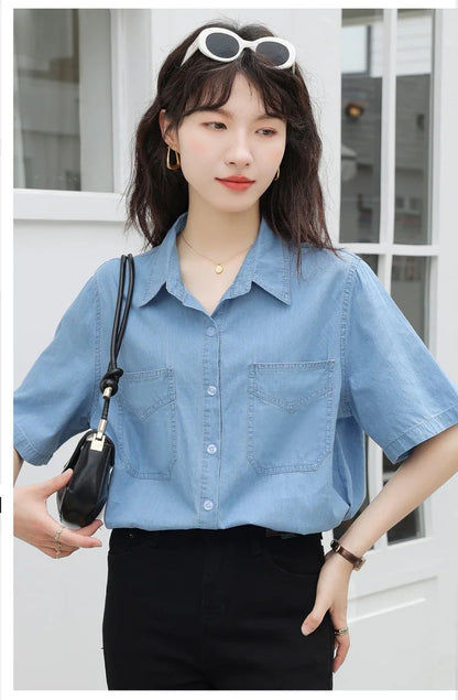 Vintageblueshort Sleeves Thin Denim Shirt 2024 Summer New Casual Loose-Fit Hong Kong Style Petite Top For Women