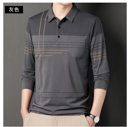 New Men's Polo Shirt Long-sleeved Polos Shirt Lapel Fashion Spring and Autumn Thin Shirt Casual Loose Tops Striped Streetwear