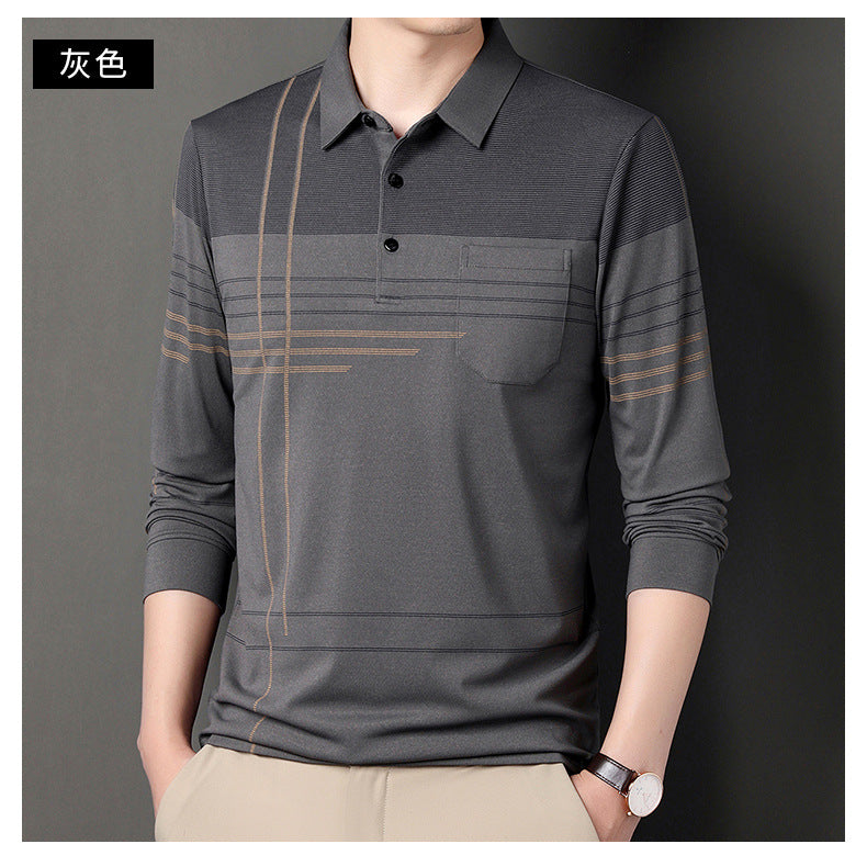 New Men's Polo Shirt Long-sleeved Polos Shirt Lapel Fashion Spring and Autumn Thin Shirt Casual Loose Tops Striped Streetwear