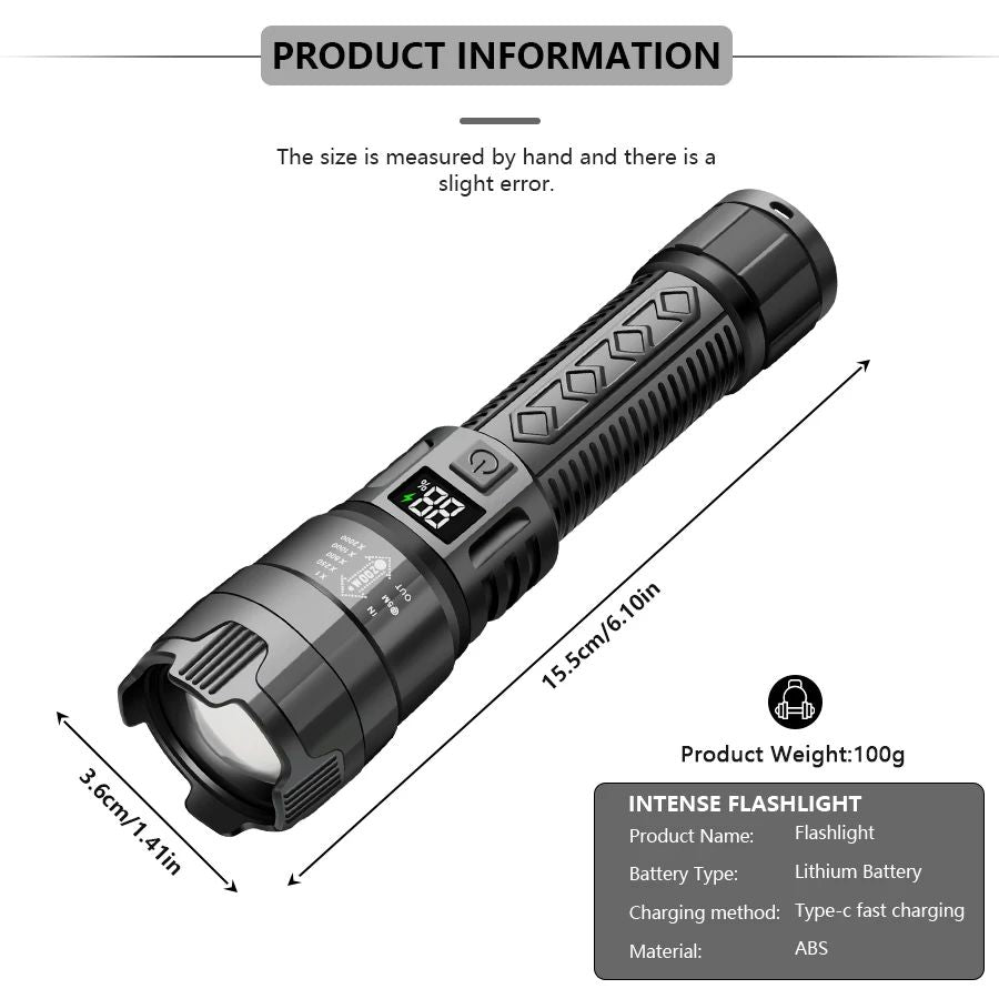 High Strong Power Led Flashlights 2000LM Tactical Torch with Display Light USB Charging Camping Fishing Emergency Zoom Lantern