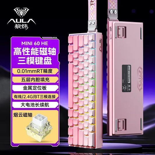 Teclado AULA Mini60 HE Magnetic Switch RGB Tri Mode Sem Fio Mecânico 8000Hz 0.01mmRT Teclado Gamer Presentes para Gamers
