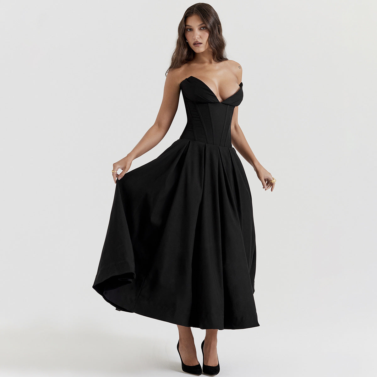 Suninheart Black Elegant Wedding Events Dress Sexy Strapless Corset Dress Midi C