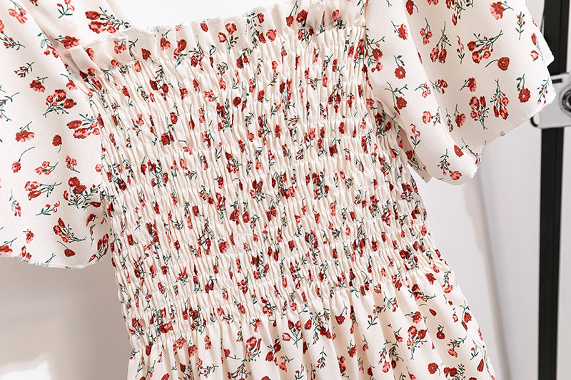 Spring Summer Chiffon Dress Women Midi DressesFemale Short Sleeve Elastic Waist