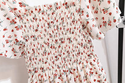 Spring Summer Chiffon Dress Women Midi DressesFemale Short Sleeve Elastic Waist