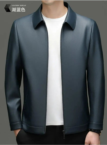 2025 Fall And Winter Models Men's Jacket Lapel Business Casual PU Leather Jacket Thin Thick Black Lake Blue