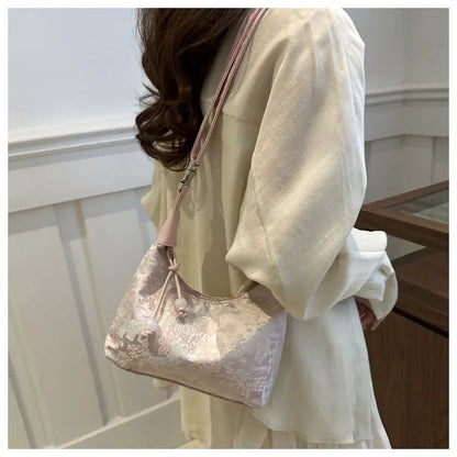 Sweet Embroidery Shoulder Bag Nylon Texture Pearl Pendant Crossbody Bag Small Bucket Handbag Women Canvas Luxury Cheongsam Bag