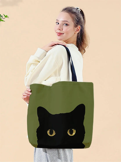 1pc,Cartoon Cat Head Handbag, Reusable Fashionable Handbag, Multifunctional Handbag, Printed Canvas Shopping Bag
