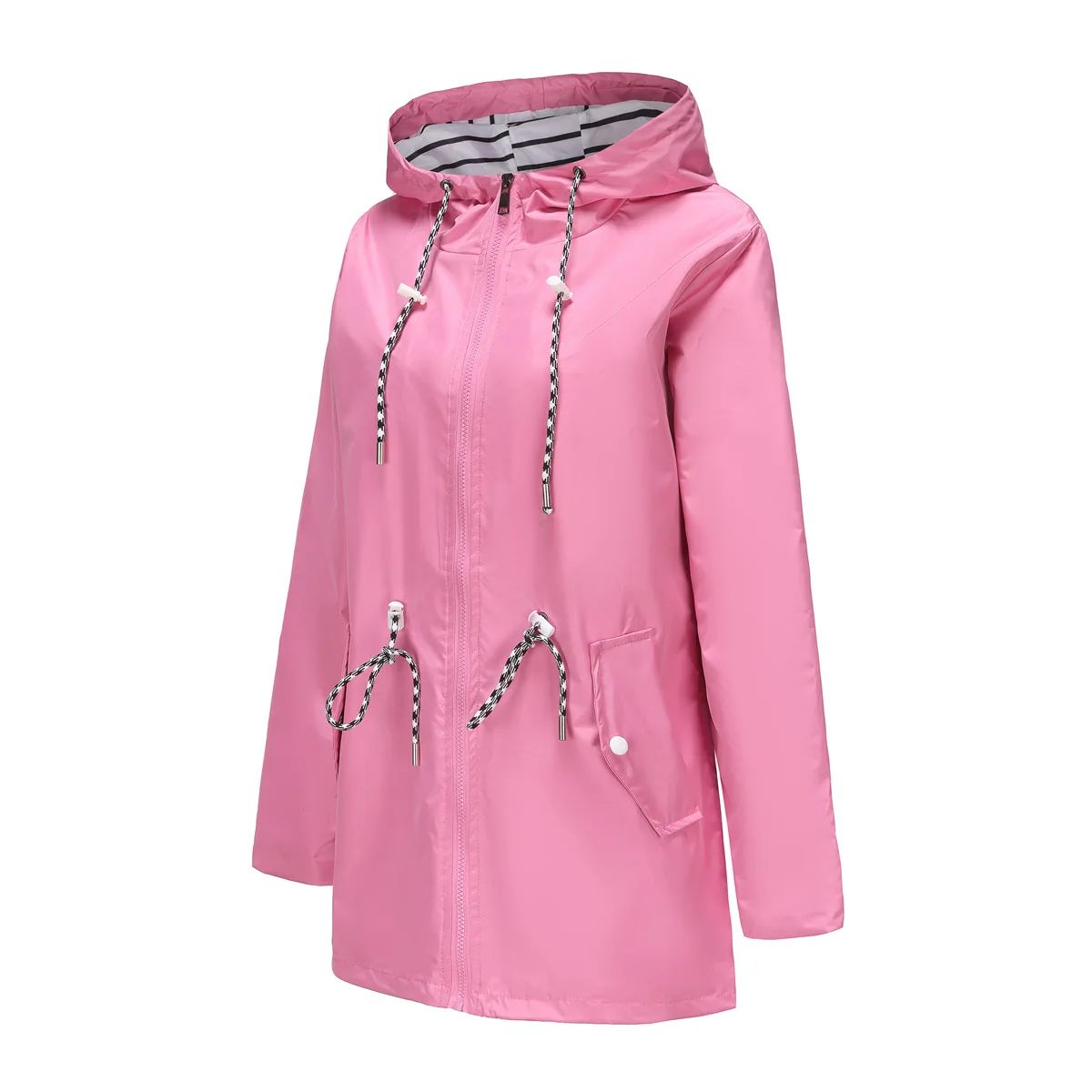 Blue Waterproof Hooded Jacket Women Fashion Casual Coat Waist Drawstring Tie Zipper Switch Red Green Yellow Black Windbreaker