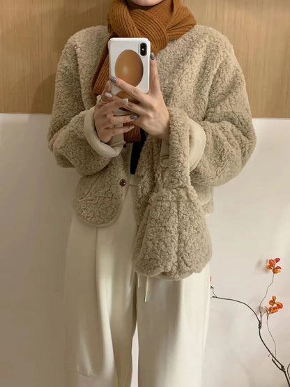 Korean Chic round Neck Single Button Loose Lamb Fur Jacket Winter Elegant Fashion Small Size with Bag Matching Women's Coat