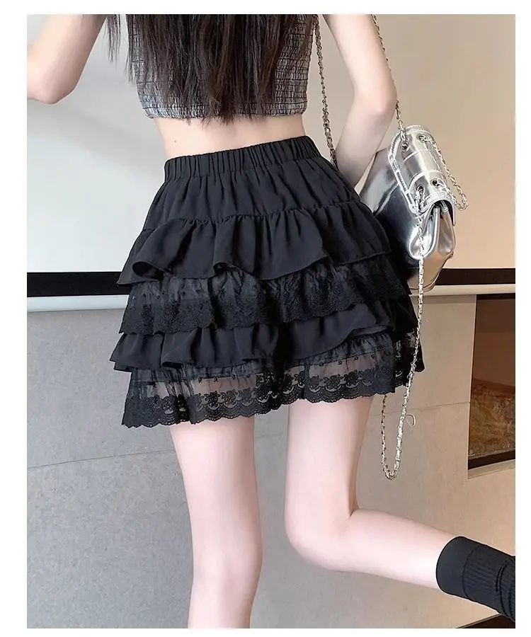 JOEVILU White Tutu Skirt A-line Elastic High Waist Mini Skirts Short Lace Cake Skirt Thin Summer Korean Fashion Goth Y2k Clothes