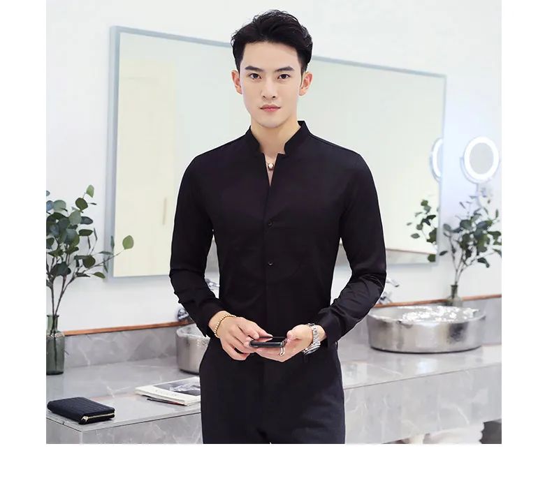 Black Men Long Sleeve Shirt, White Single Breasted Collar Stretch Shirts, Red Fashion Slim Top,Asian Size M-5XL(Korean Slim Fit)