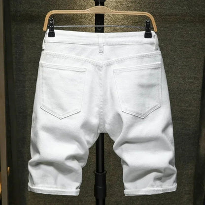 Streetwear Ripped White Denim Shorts Men New Fashion Knee Length Jeans Simple Casual Slim Hole Short Pants Male