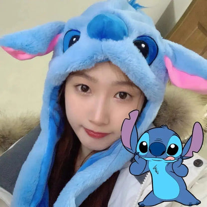 Chapéus de pelúcia Disney Anime Stitch para mulheres, chapéus bonitos de desenho animado com orelhas balançando, presentes para meninas, chapéu quente de inverno infantil