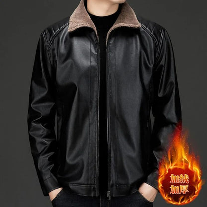 Men's Autumn and Winter Long Sleeved Leather Jacket with Fleece Collar for Warmth and Fashion Leather Jacket Men
