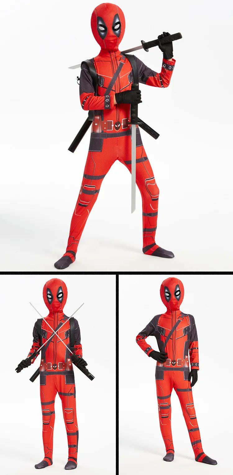 Adult Kids Deadpool Cosplay Costume Bodysuit Outfits Superhero Jumpsuit Boys Movie Character Dress Up Mask Costumes With Swords