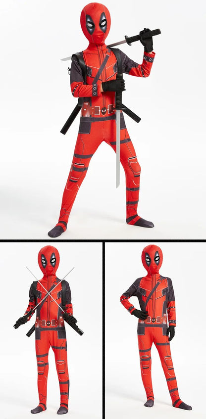 Adult Kids Deadpool Cosplay Costume Bodysuit Outfits Superhero Jumpsuit Boys Movie Character Dress Up Mask Costumes With Swords