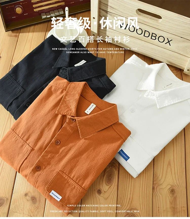 Cargo Shirt Men Spring Autumn Double Pocket Long Sleeve Shirts Male Casual Pure Cotton Orange Shirt Japanese Fashion Loose Shirt