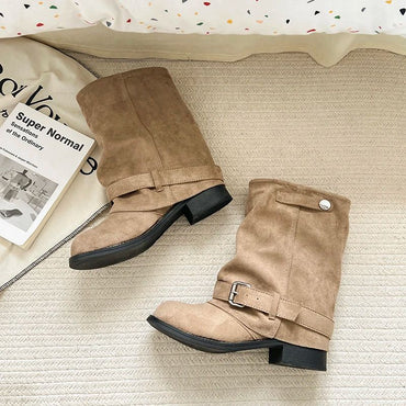 Vintage Thick Heel Women Western Cowboy Boots Fashion Belt Buckle Slip On Shoes Ladies Pleated Short Booties Autumn Winter