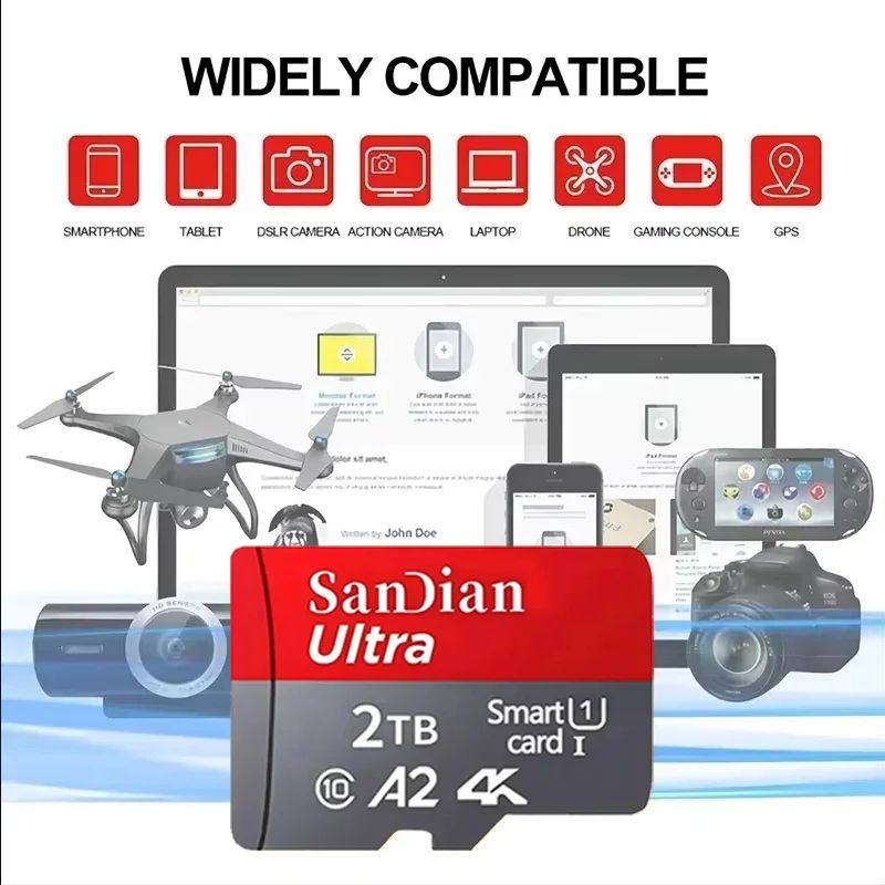 High Speed Micro TF SD Card 256GB 512GB Memory Card A2 V30 SD Memory Cards 1TB 2TB Mass Capacity Cards for Smartphone/PC/Laptop