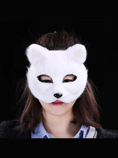 QQ Fluffy Fur and Face Mask Cosplay Halloween Fox Shape Half Face Eye Mask Sexy Cat Hair Animal Mask Christmas Carnival Party Co