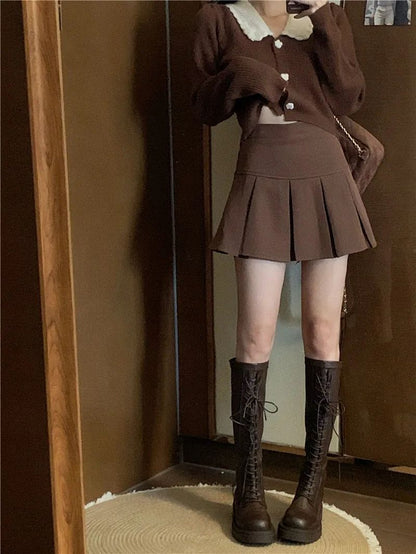 Vintage Brown Pleated Skirt Women Spring Summer Korean Style Y2K High Waisted A-line Mini Skirts Preppy Style Girls Causal