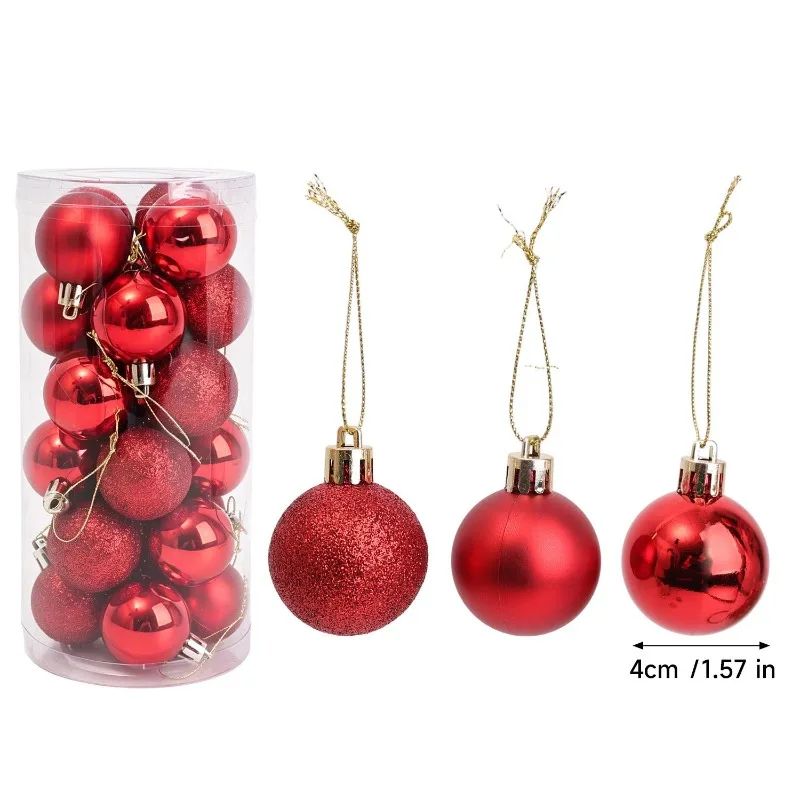 Mini Red Christmas Baubles Gloss Matte Glitter Hanging Balls Ornaments for Xmas Tree Home Winter New Year Holiday Party Decor