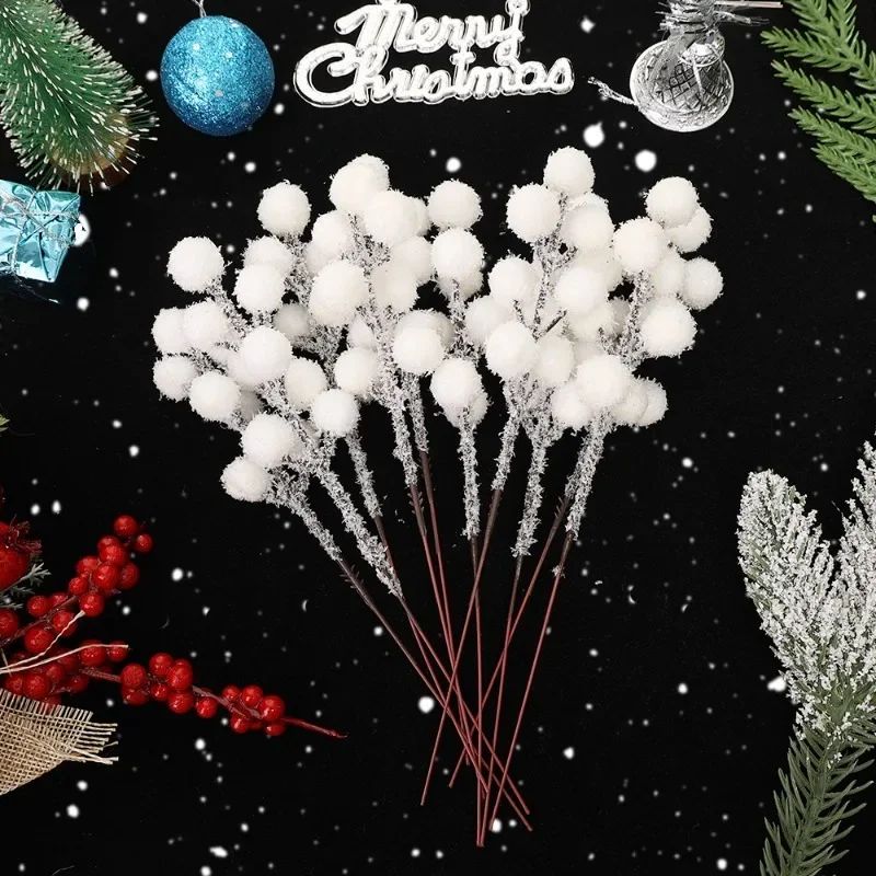 5/50pcs Christmas Snow Tipped Berry Branches Artificial White Berries Fake Flower DIY Wreath Xmas Tree Wedding Party Decoration