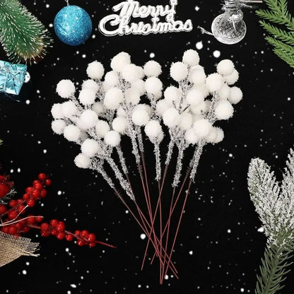 5/50pcs Christmas Snow Tipped Berry Branches Artificial White Berries Fake Flower DIY Wreath Xmas Tree Wedding Party Decoration