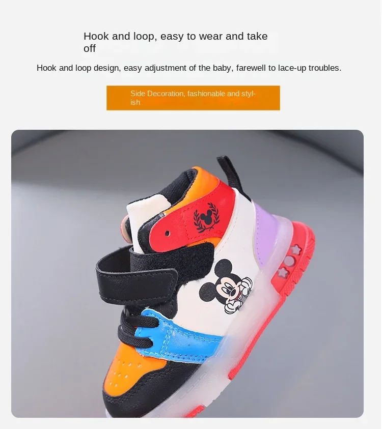 2024 Disney Children's Led Light Shoes Fashion Mickey Mouse Boys Sneakers Girls Cartton Casual Shoes Breathable Kids Sport Shoes